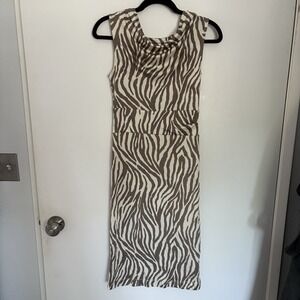 Pure Collection 100% silk Animal Print Zebra Bodycon Tan Ivory  Midi Size 4